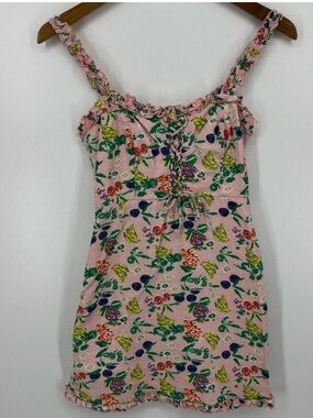 Urban Outfitters Mini Cotton Dress Pink Robin Lace Fruit Floral Print , Size L